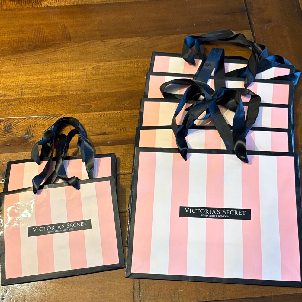 Victoria's Secret Pink Striped Bags with Black Satin Ribbon Handles